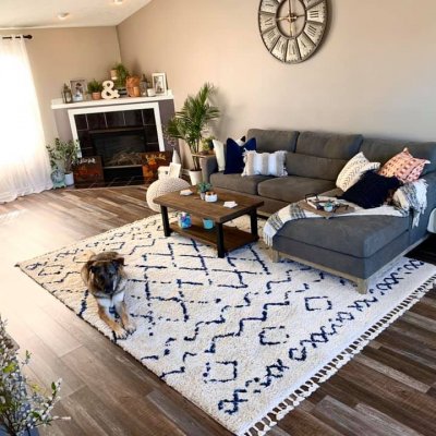 A living room with faux wood vinyl flooring. A dog rests on top of an area rug. 