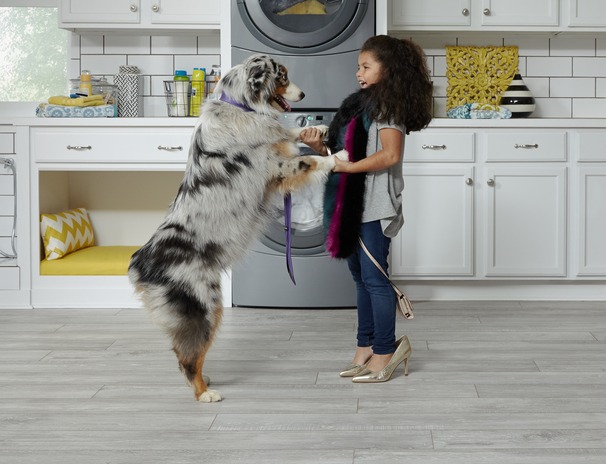 A child playing with a dog in a laundry room
