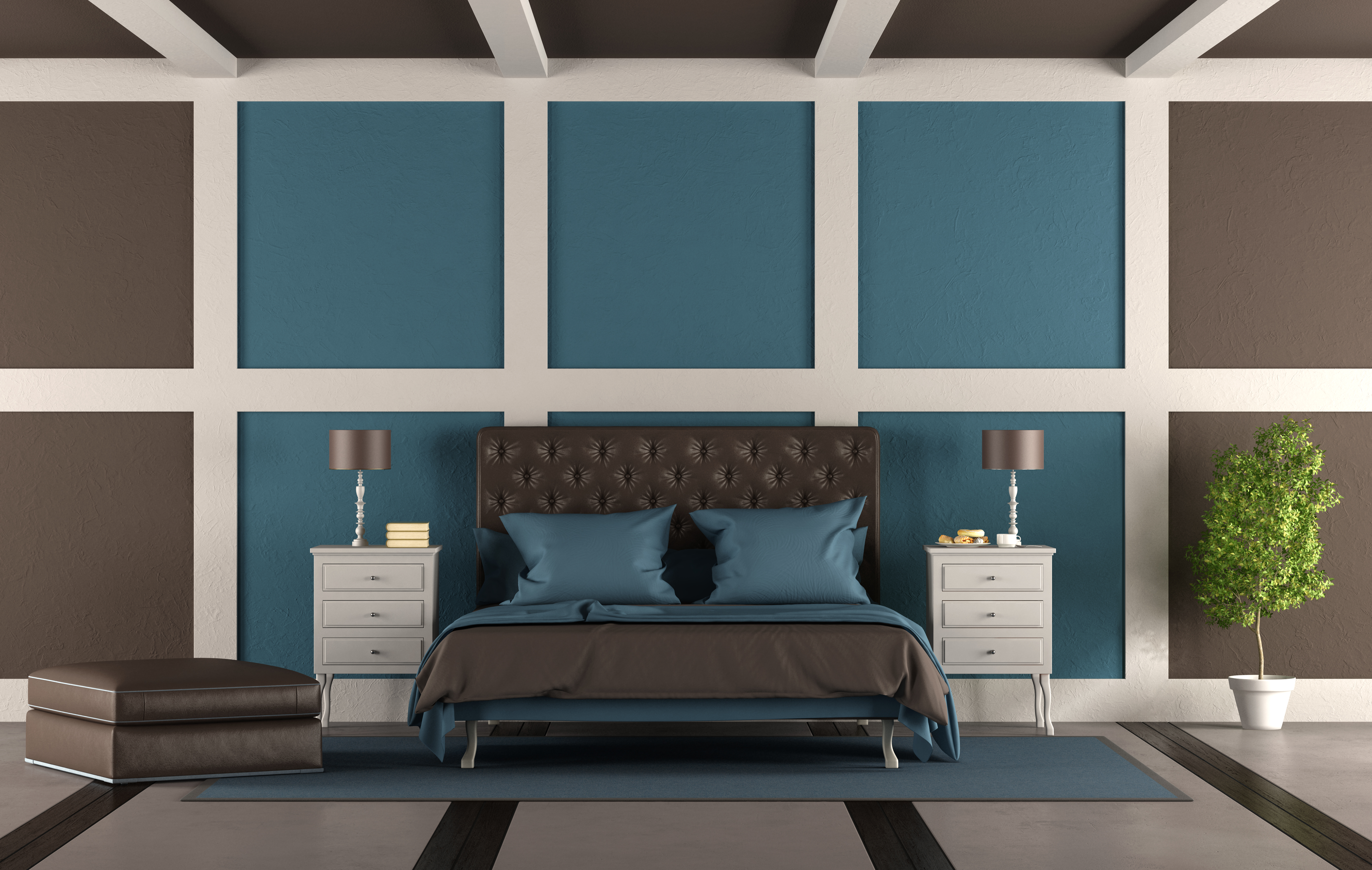 Modern bedroom featuring a tufted upholstered bed, blue accent wall with white trim, matching nightstands, table lamps, and contemporary decor.