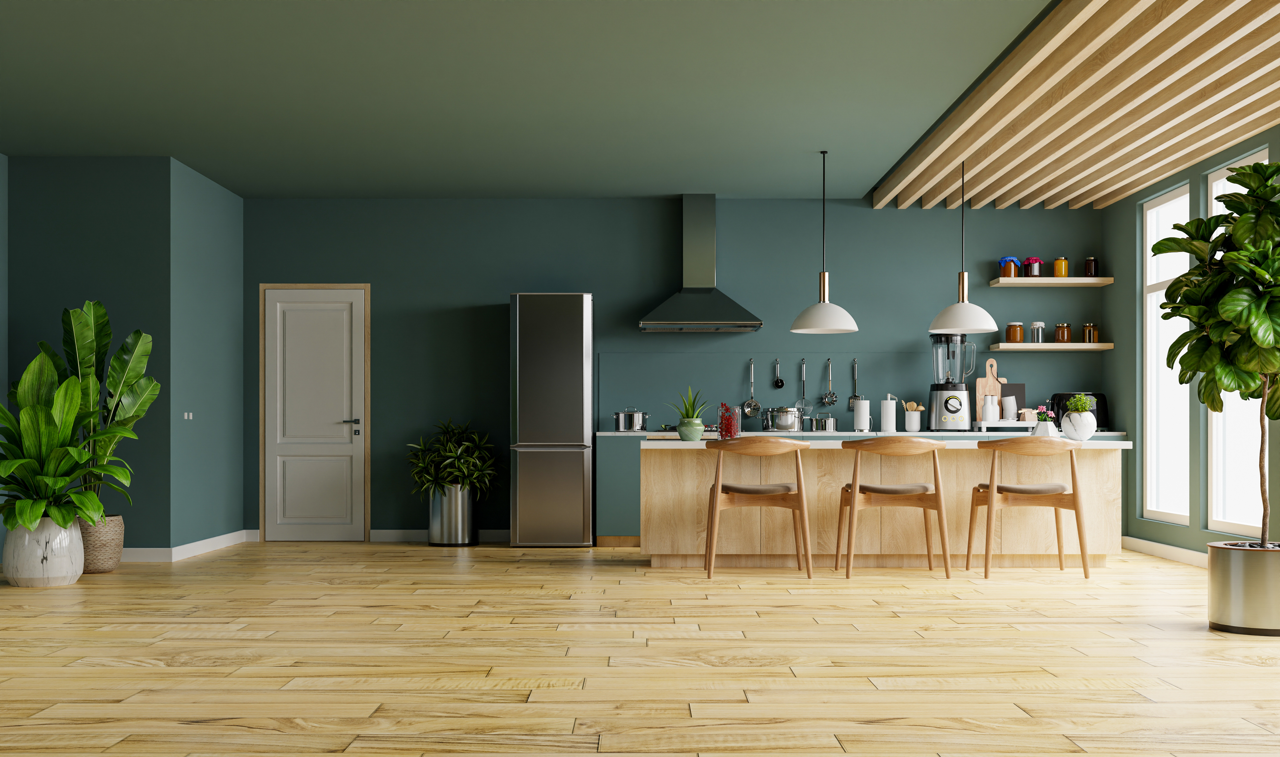 modern kitchen with dark blue and green walls