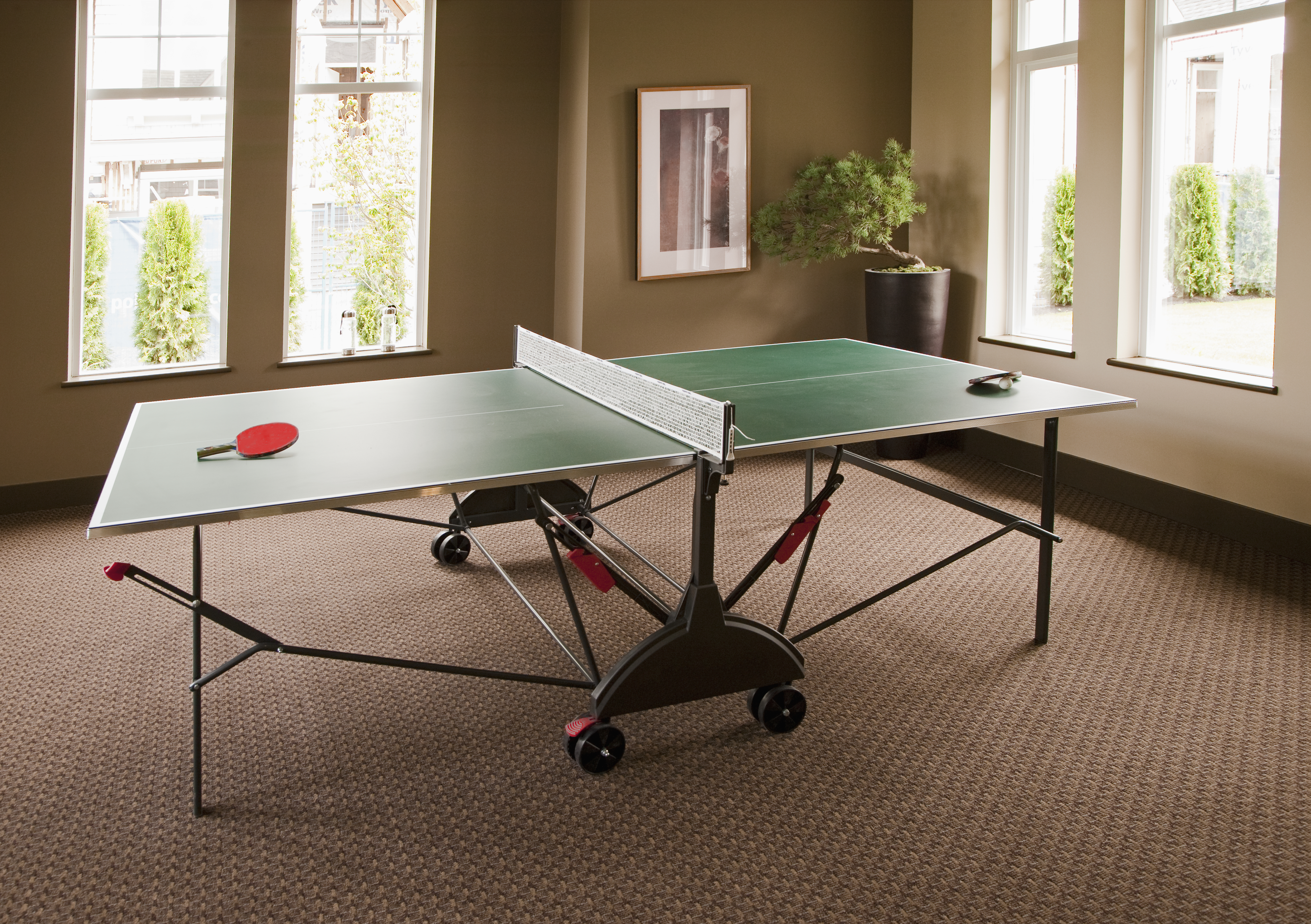 a ping pong table in a tam carpeted room with large windows