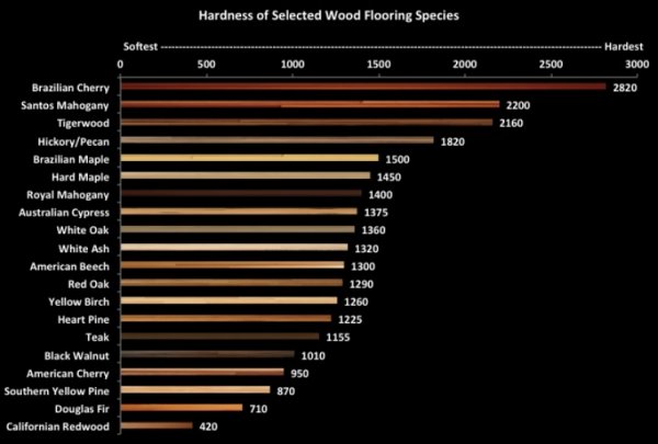 Hardness of selected wood flooring species