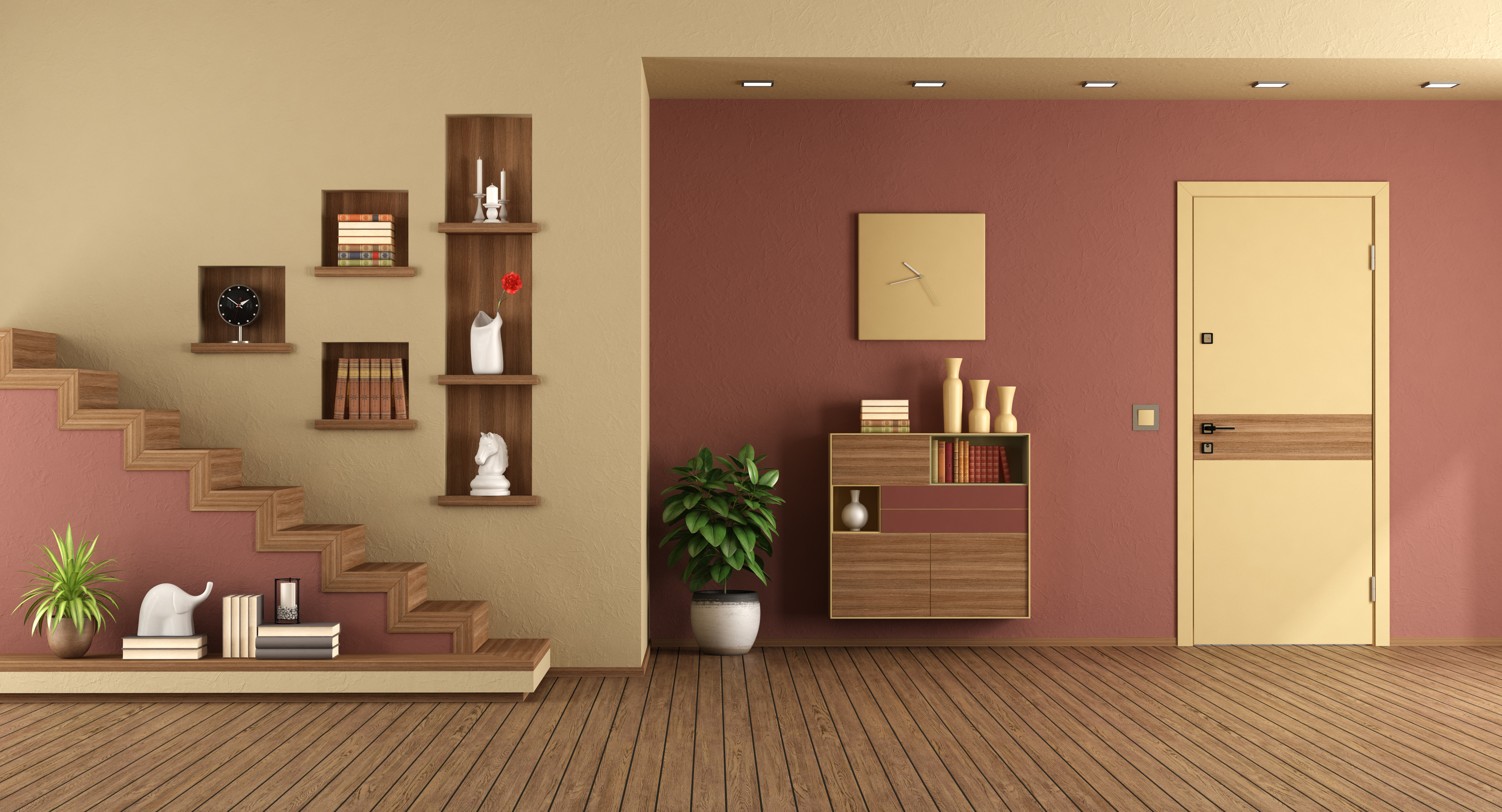 Modern interior featuring wood flooring, floating shelves, decorative plants, built-in storage, staircase, and warm earth-tone accent walls.